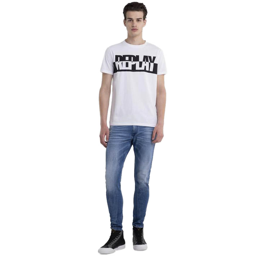 Replay Ανδρικό T-shirt Xρώμα Λευκό REPLAY JERSEY T-SHIRT WITH BLACK AND WHITE PRINT M6308.000.2660-001 white
