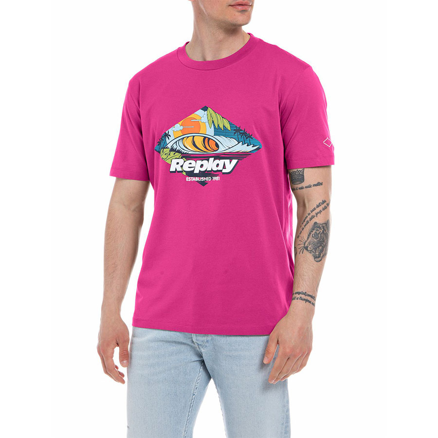 Replay Ανδρικό T-shirt Xρώμα ΡΟΖ REPLAY CREWNECK T-SHIRT WITH PRINT M6496 .000.23062 370-CYCLAMEN
